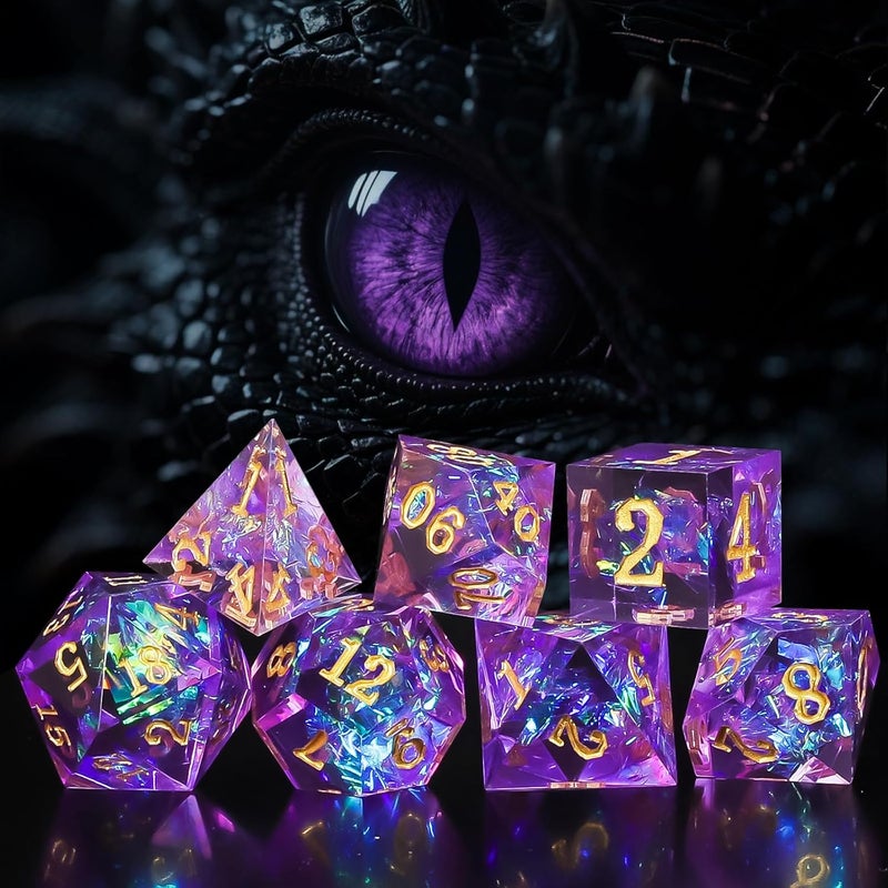 QMAY Resin Mystery Dice Set, 7 Pcs Handmade Sharp Edge Polyhedral Dice, Random Various Styles DND Dice & Dice Bag, DND Gifts, Suitable for Dungeons and Dragons, RPG, MTG,Role Playing Table Game - Image 5